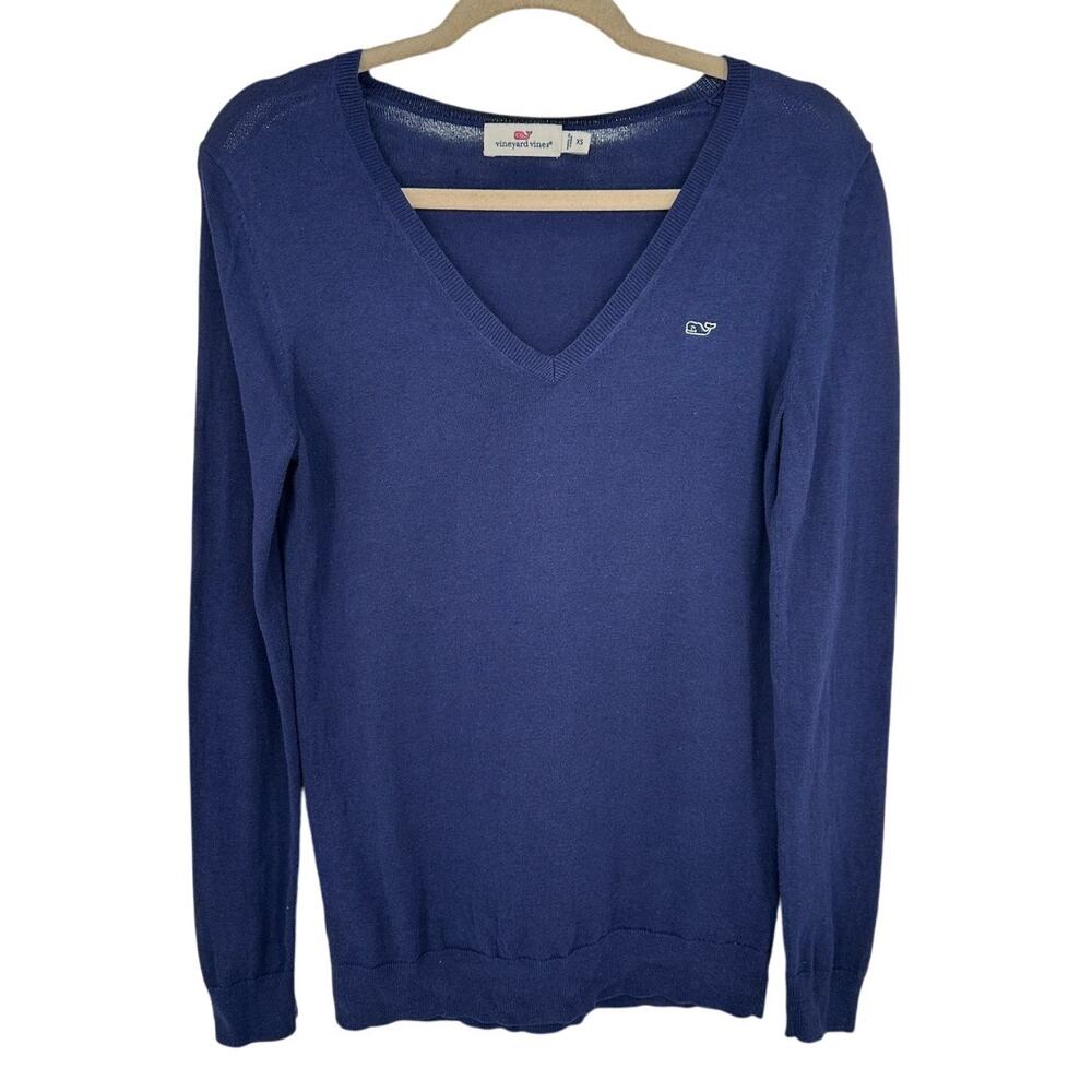 Vineyard Vines Blue V-Neck Sweater Long Sleeve Whale Logo Winter Breathable XS